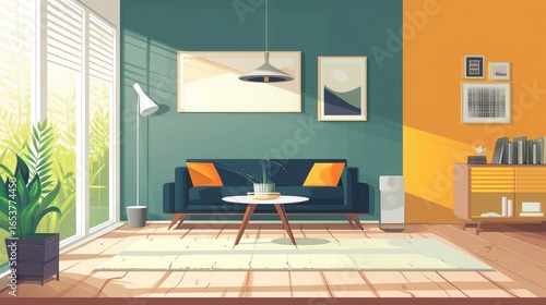 Stylish modern living room features a teal and yellow color scheme, a dark blue sofa, and large windows letting in abundant sunlight.