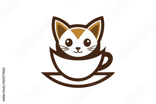 Cute Cat Face Combined with Coffee Cup on White Background