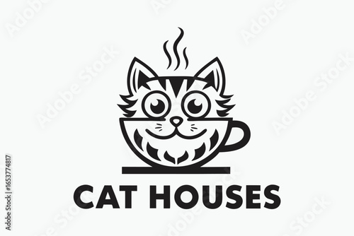 Cat Face Outline, Feline Head Design on White Background, Minimalist Style