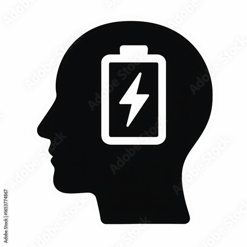 Vector of head with low battery. Symbol of overwork and burnout. Icon of tired person