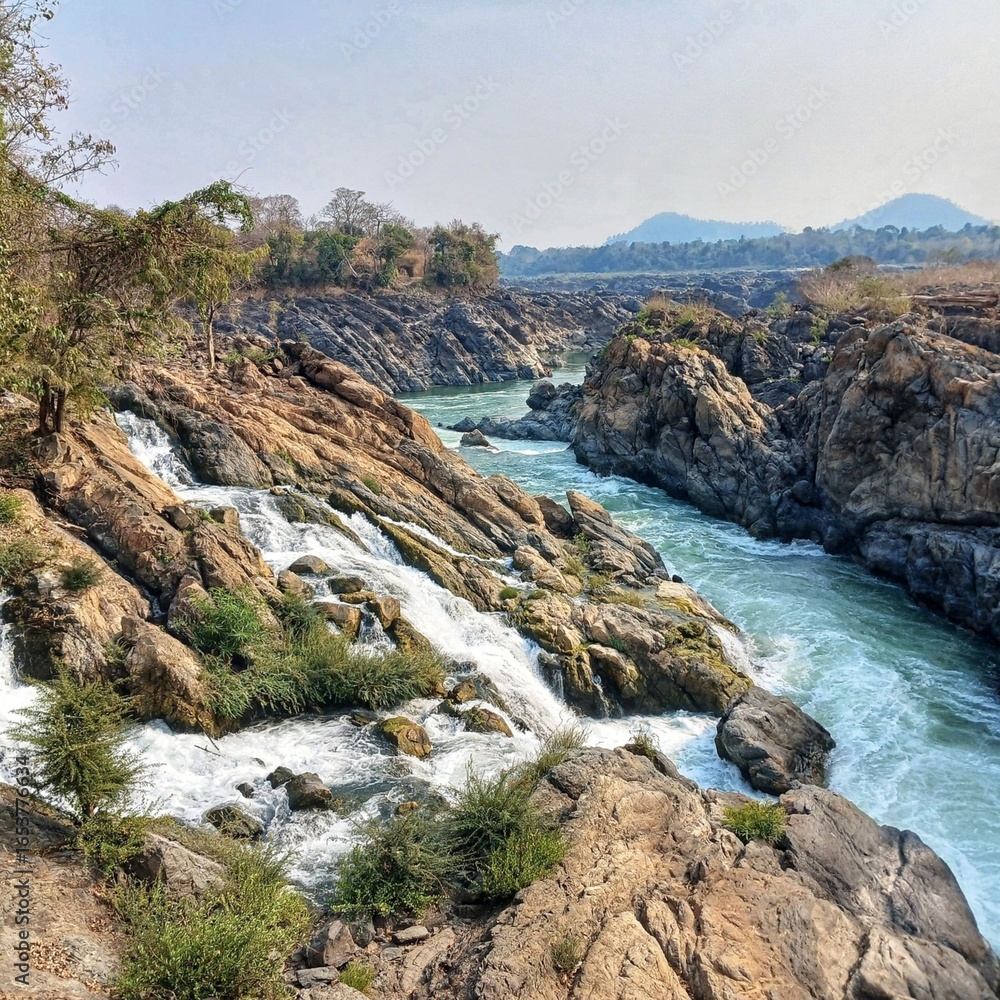 Fototapeta premium Fast flowing river rapids through rocky canyon with green water and natural landscape