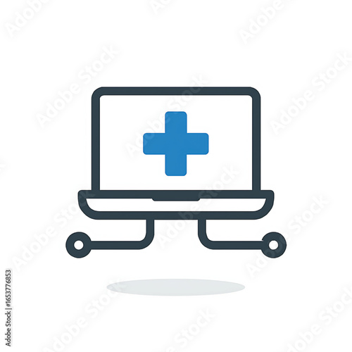 Vector of laptop with doctor and speech bubble on a screen. Icon of online medicine consult. Symbol of digital pharmacy advice