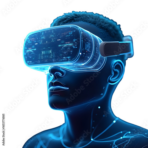 "Futuristic Dark-Skinned Man Wearing Neon Blue VR Headset with Glowing Circuitry and Cityscape Reflection on Transparent Background Representing Virtual Reality Technology"
