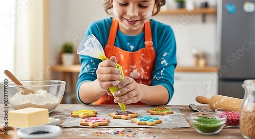 Young baker joyfully decorating star-shaped cookies with icing for a fun, creative activity