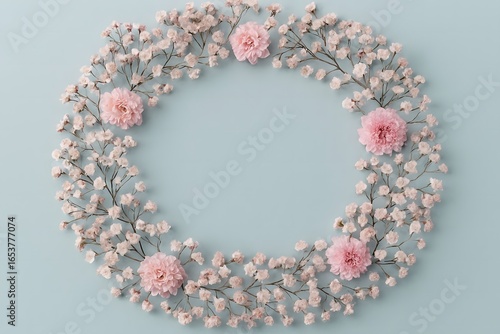 Delicate pastel floral wreath adorned with soft pink blossoms on a light blue background