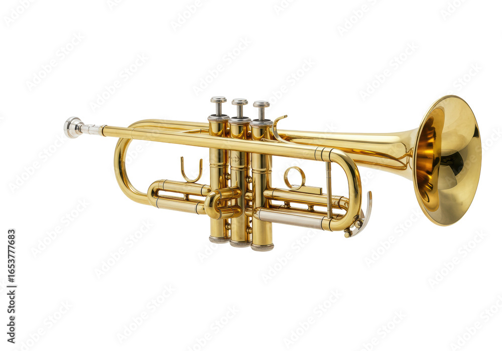 Obraz premium A pristine classic brass trumpet, highly polished with a gleaming golden finish and silver-plated valves, against a transparent studio background with soft high-key lighting, concept of musical