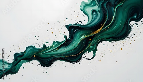 Abstract swirling emerald green ink with gold accents on a white background
