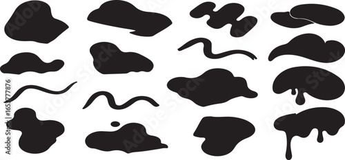 Collection of various black ink blot shapes on a white background    Doodle abstract liquid blob, wavy different form.