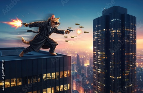 Cat in black coat leaps avoiding bullets atop rooftop with cinematic urban background
