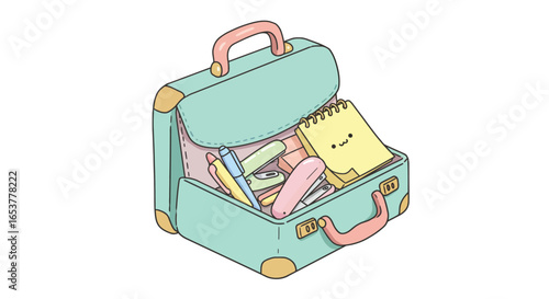 An open pastel green suitcase filled with various school and office supplies, including a yellow notepad with a cheerful smiley face, in a cute cartoon style.
