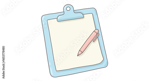 A light blue clipboard with a blank piece of paper and a pink pen resting on its surface, presented as a simple illustration.