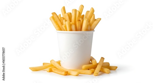 Golden crispy french fries in a white cup, a delicious fast food snack ready to eat