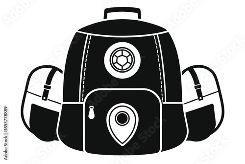 Backpack icon featuring a soccer ball and map pin on a white background