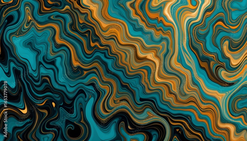 Fototapeta premium Abstract teal and gold swirling fluid art with organic patterns