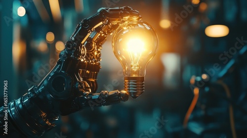 Futuristic robot hand holding light bulb in a factory setting