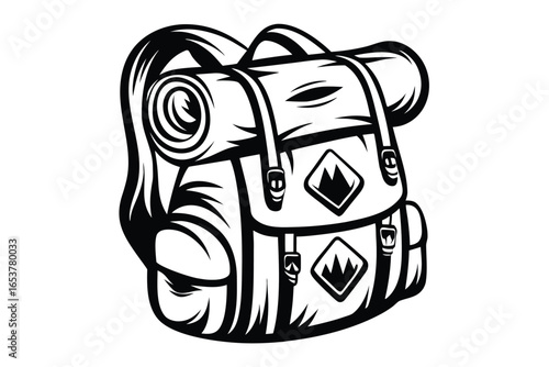 Detailed Rucksack Pack Art with Buckles, Mountain Icon on White Background