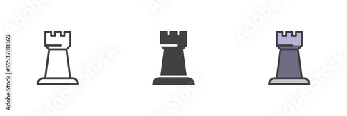 Photos Chess rook icon set in line, solid and filled outline style