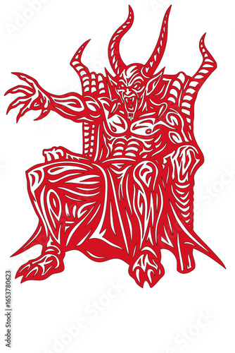 Tribal Demon Vector Illustration – Horned Devil Sitting on Throne Gothic Tattoo Design in Black and White