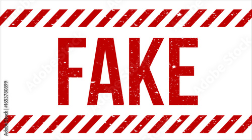 Red FAKE sign with distressed or grunge texture and diagonal stripe border, used to indicate counterfeit, false, or fraudulent items and information. Vector illustration
