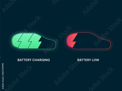 Electric vehicle Battery Charging Status interface with minimalist car symbols Battery Charging, Battery Low vector design concept. Electric car charging for EV station, EV business, ui, clean energy.