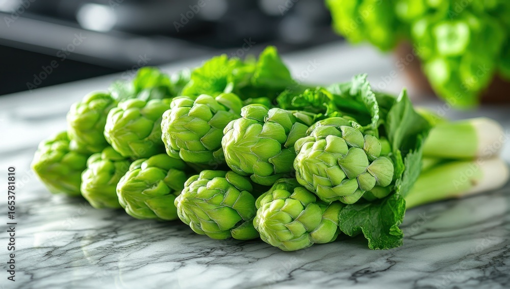 Fototapeta premium Close-up of a bunch of vibrant green buds, tightly clustered, on a marble surface