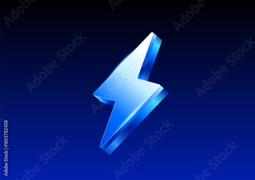 3d lightning bolt icon in blue metal style, isolated on dark blue background. Thunder or electric icon in 3d vector illustration. Vector illustration