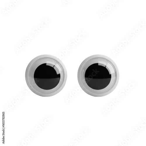 Two pristine googly eyes with white rims, black pupils, transparent domes, isolated on a minimalist matte white background with soft studio light, concept of strategic clarity