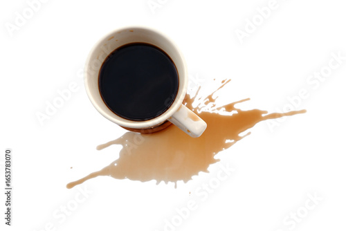 Black coffee in a coffee cup and spilled coffee liquid