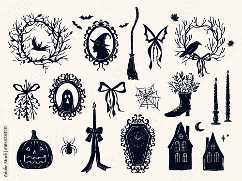 Vintage Halloween vector set with witch frames, spooky wreaths, ghost, raven, pumpkin, spider, coffin, haunted houses, candles, broom and bows. Hand drawn silhouette collection in monochrome style