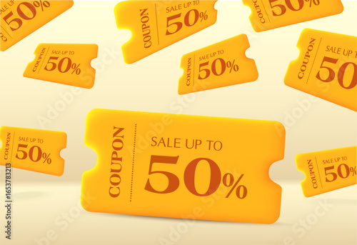 Golden yellow discount coupons with SALE UP TO 50%, fly in different angle, ideal for promotions, sales, and marketing materials. Voucher fly in 3d vector illustration. Vector illustration