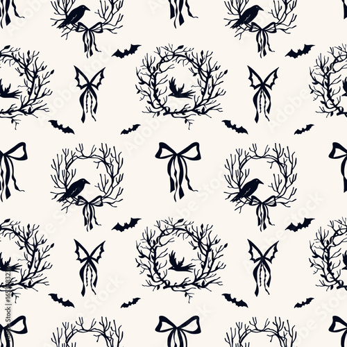 Vector seamless Halloween pattern with black wreaths, ravens, bows, and bats. Monochrome hand drawn spooky design for holiday decor, cards, wrapping, and seasonal projects
