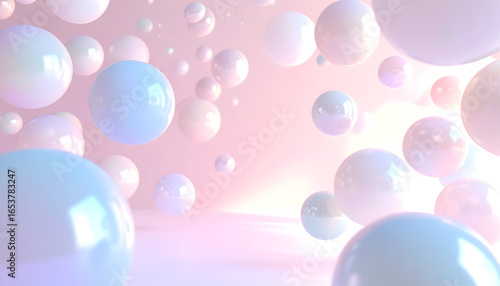 Abstract composition of floating glossy spheres in pastel pink and blue hues against a light gradient background studio render