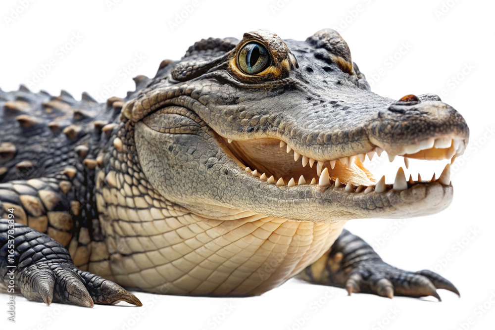 Fototapeta premium Close up portrait of a caiman with its mouth open showing sharp teeth