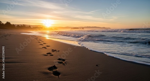 Wallpaper Mural Golden Hour Footprints: Tranquil Beach Scene at Sunset with Gentle Waves Torontodigital.ca