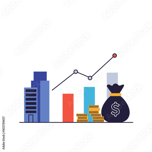 Financial growth and investment success visualized with business buildings, rising graph, and money bag illustration