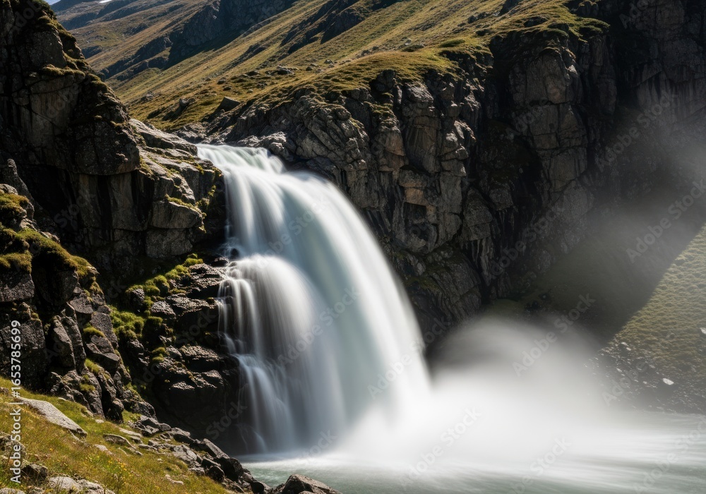 Obraz premium Serene Alpine Waterfall Cascading Down Rugged Rocky Cliffs Amidst Verdant Grassy Slopes