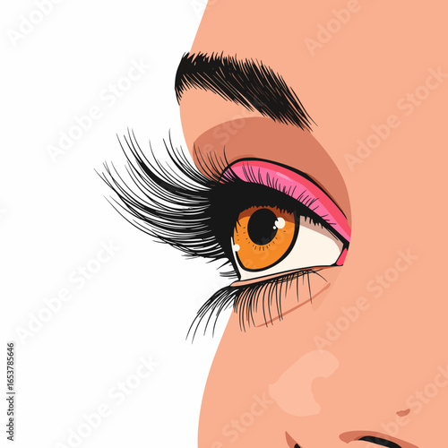 Eyelash extensions close-up showcasing brown eye with pink makeup  
