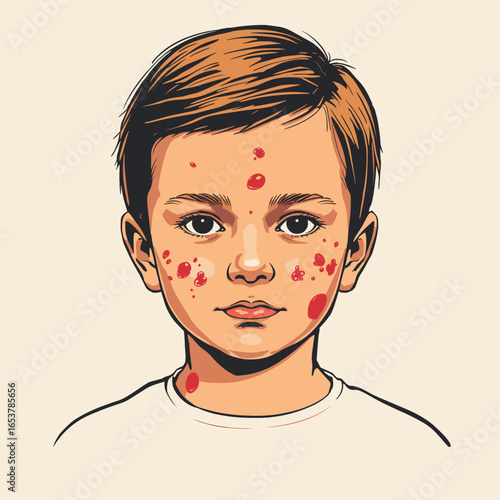Young boy with chickenpox looking directly at the camera  