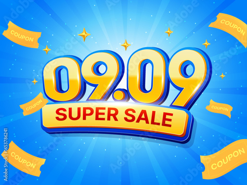 Colorful promotional banner design for 9.9 super sale event, featuring bold yellow numbers, Super Sale text, flying coupon tickets, sparkling stars, and a bright blue rays background. 3d vector