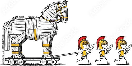 Trojan horse greece soldiers cartoon illustration history vector