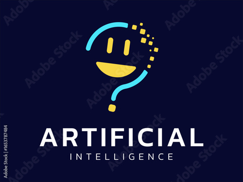Artificial intelligence with overlapping friendly robot face in question mark symbol logo vector design concept. AI technology logotype symbol for advance technology, company, identity, ui, innovation