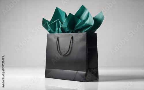 Elegant black gift bag with green tissue paper on a reflective white surface.
