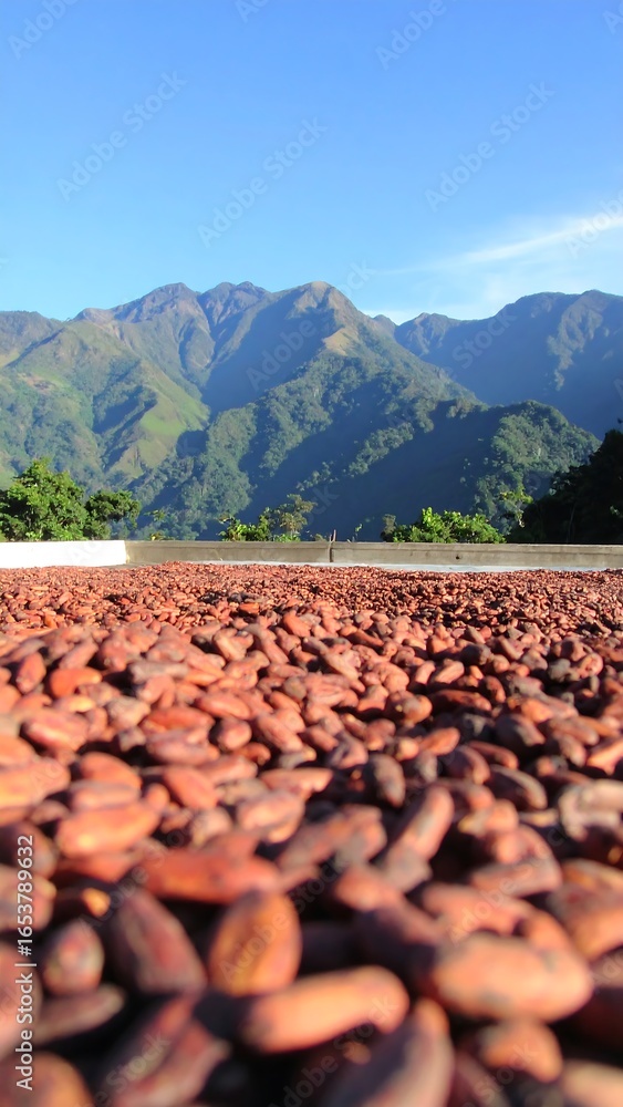 Obraz premium Cocoa beans drying under a mountain