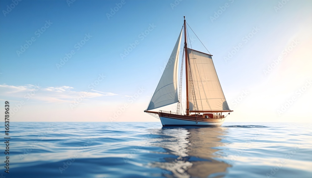 Fototapeta premium Classic Sailing Yacht Gliding Across Calm Ocean Waters Under Clear Blue Sky