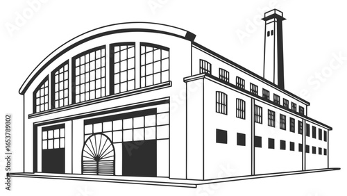 Illustration of a large industrial building with arched windows and a prominent chimney structure visible