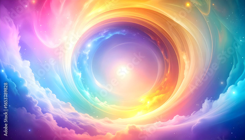Abstract Spiral Formation of Vibrant Rainbow Colors with Bright Light and Cloud Background
