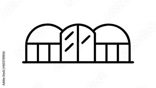 Illustration of a greenhouse structure with three arched sections and a door in the center part