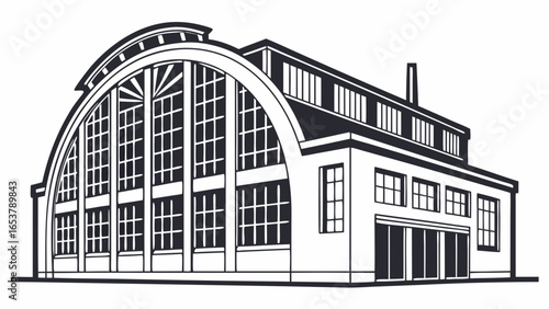 Illustration of a large building with arched windows and a chimney in black and white style