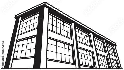 Illustration of a monochrome building with multiple windows and a flat roof from a low angle view