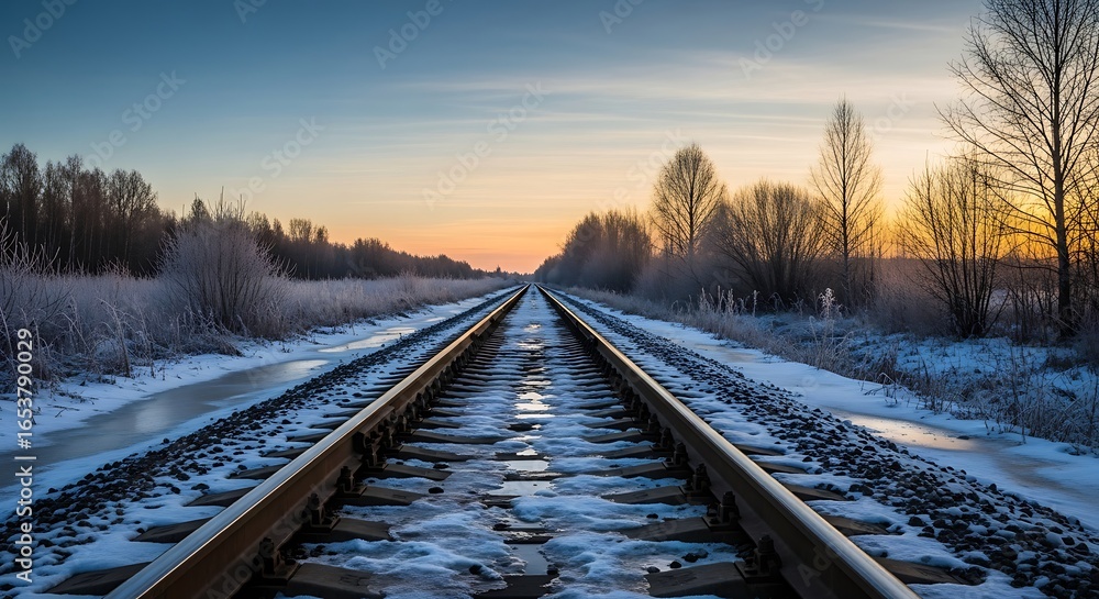 Fototapeta premium Snowy Train Tracks at Dawn Winter Landscape with Sunrise